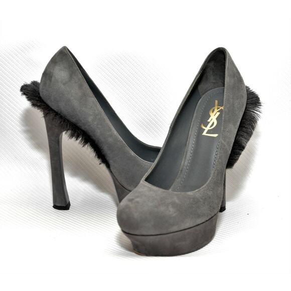 YSL Yves Saint Laurent Palais Mohawk Goat Fur Suede Platform Pump Gray 38/8 - Picture 2 of 11